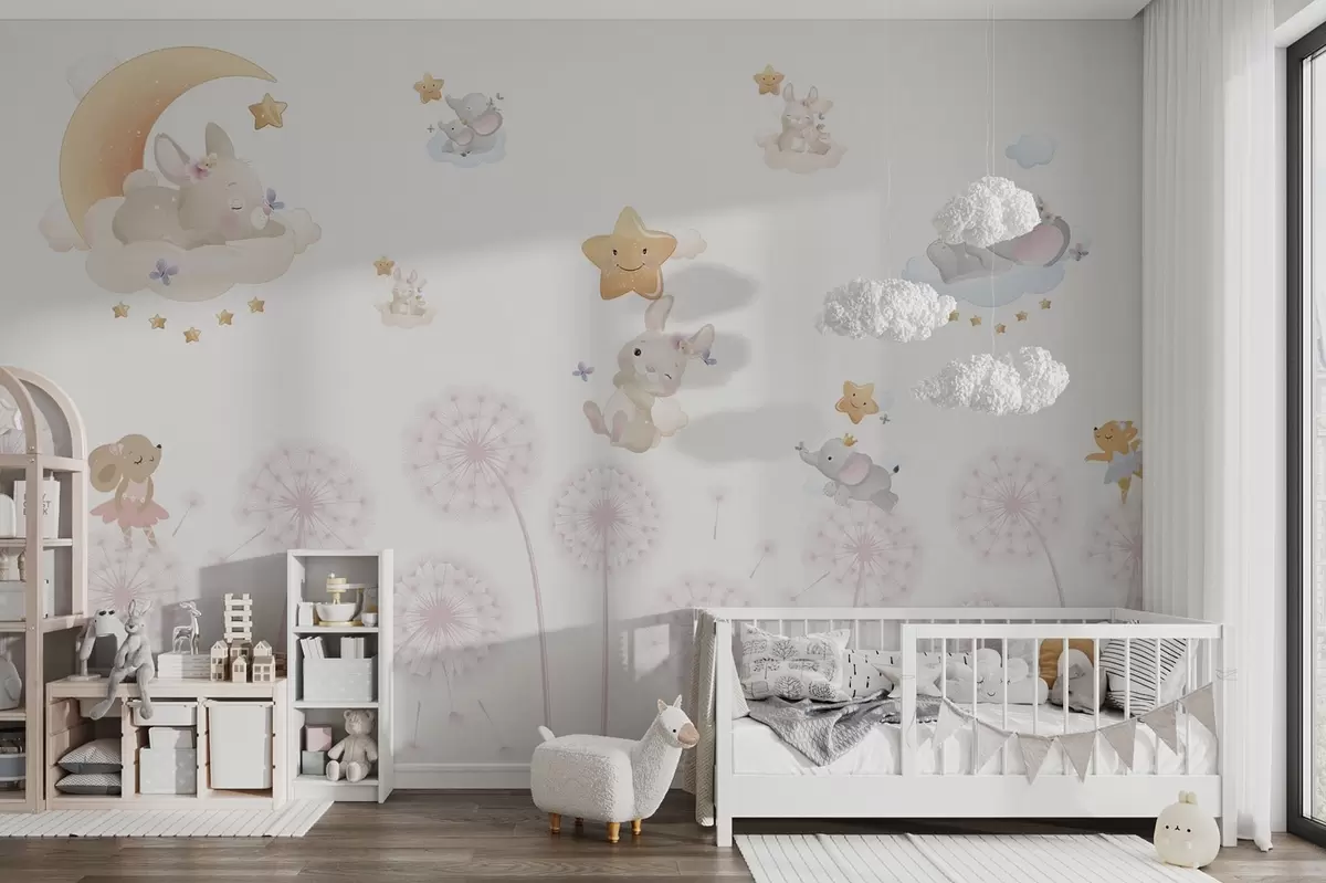 wall murals Cute rabbit and stars among dandelions on a white background w04195