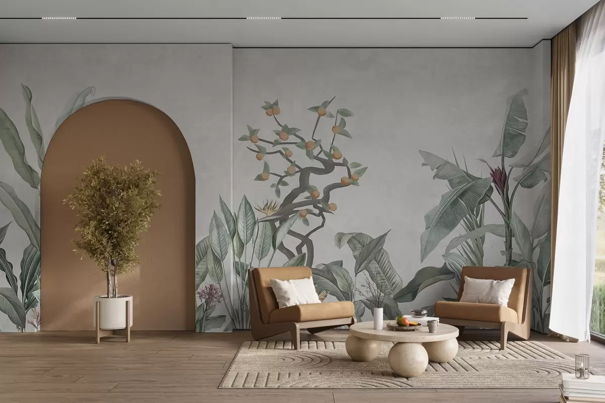 wall murals Tropical plants with orange tree on a light background w04201