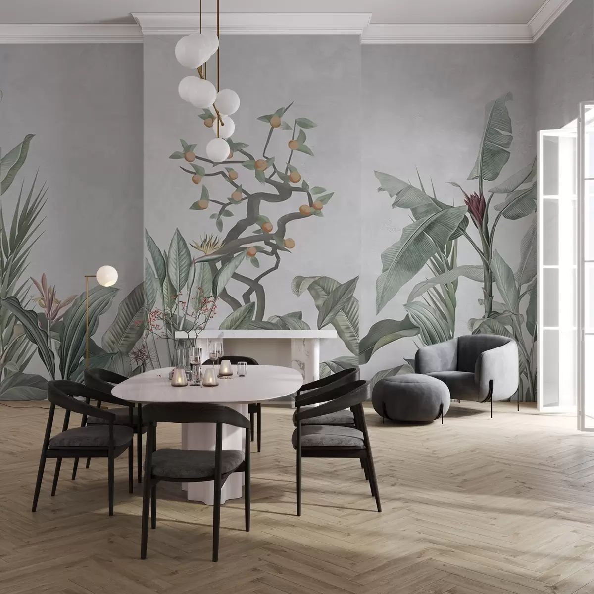 wall murals Tropical plants with orange tree on a light background w04201