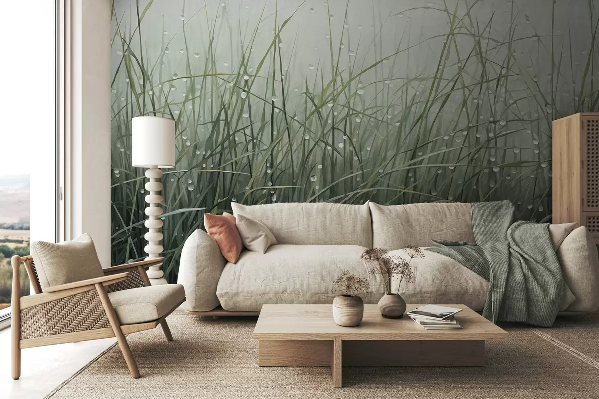 wall murals Grass with water drops, muted green shades, soft light, misty background, abstract minimalist textured style w09217