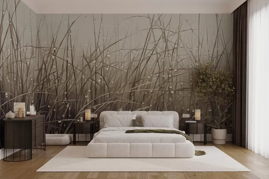 wall murals Grass with water drops, muted brown shades, soft light, misty background, abstract minimalist textured style w09217v1