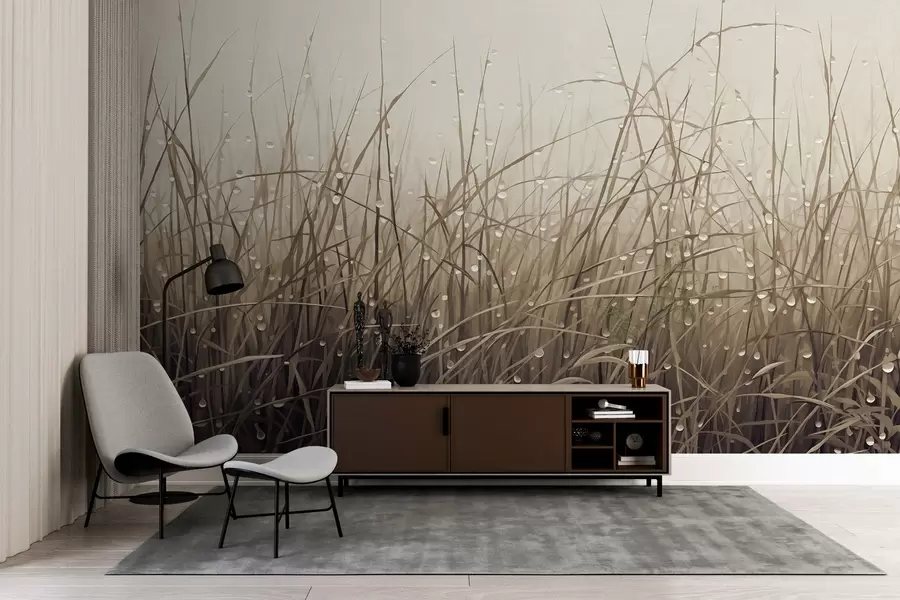 wall murals Grass with water drops, muted brown shades, soft light, misty background, abstract minimalist textured style w09217v1