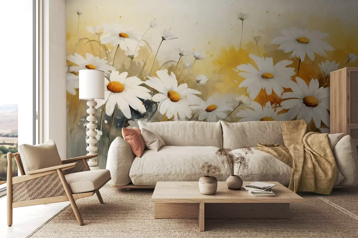 wall murals A field of white daisies with yellow centers, against a soft yellow and beige background, watercolor style w09218