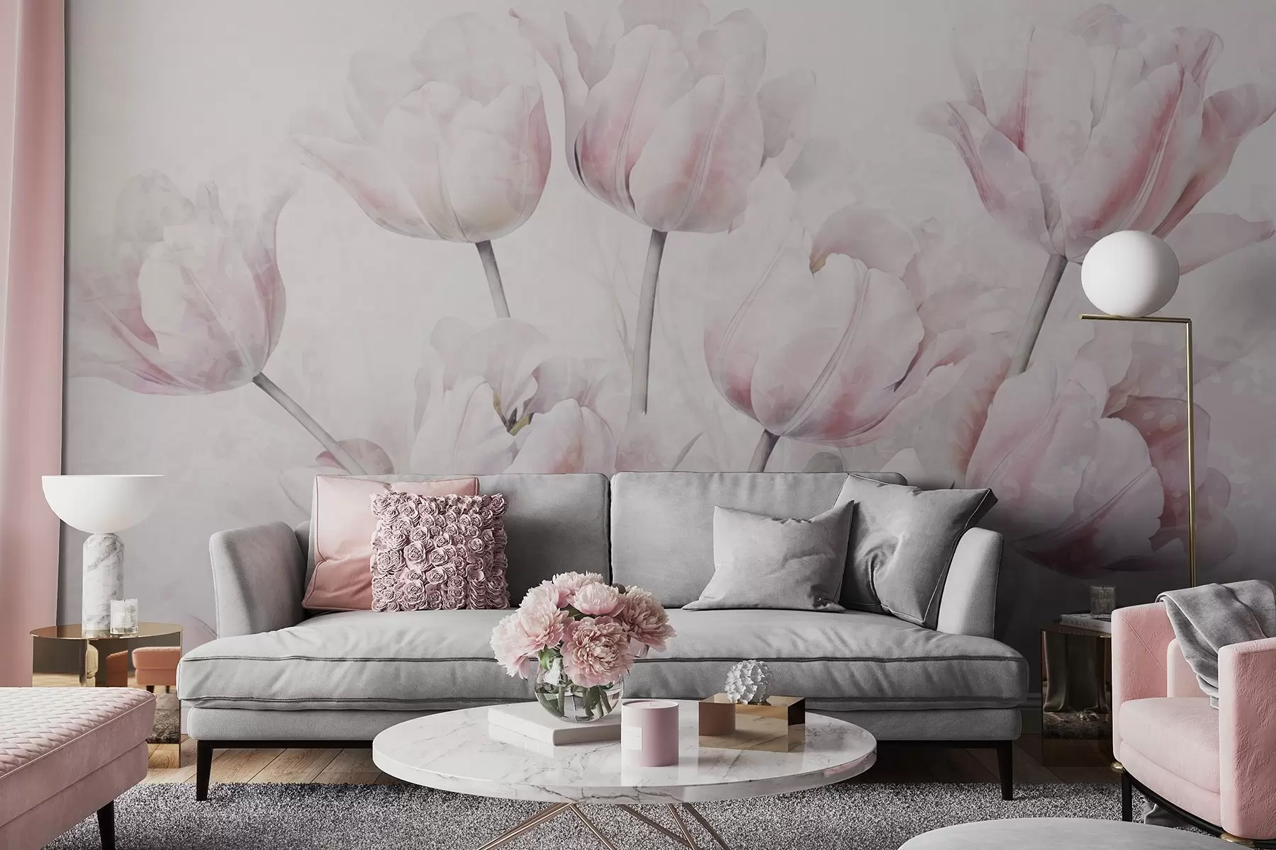 wall murals Pink textured tulips with green leaves, soft light, vintage watercolor style, delicate brushstrokes w09220