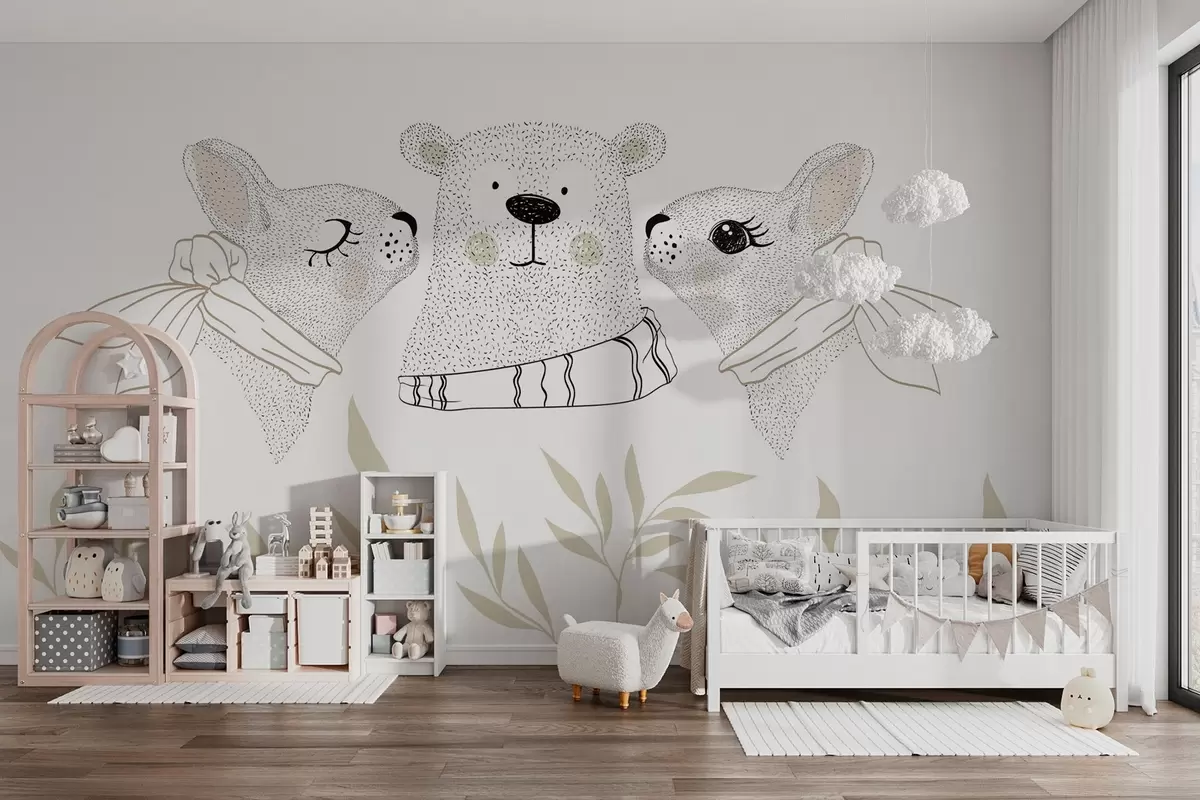 wall murals Funny animals, hares and a bear cub w04269v1