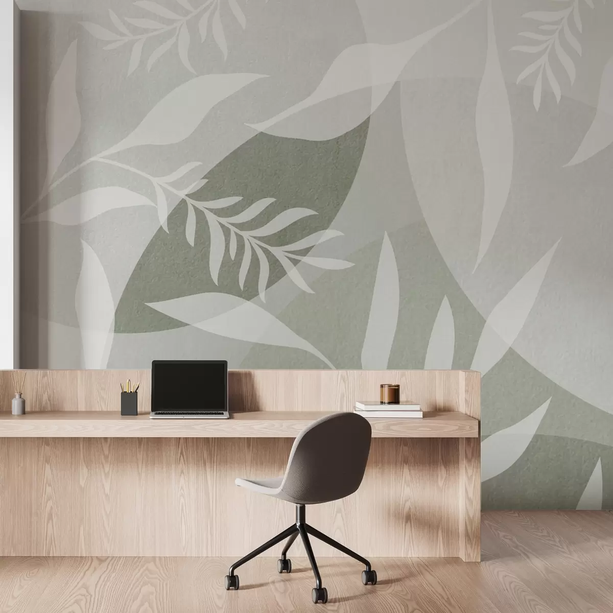 wall murals Silhouettes of twigs on a background of abstract circles, shades of green w04270v2