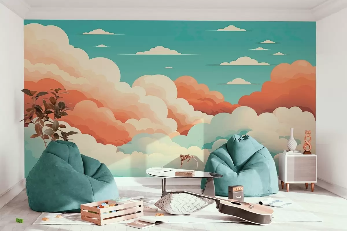 wall murals Whimsical cartoon-style clouds under a blue sky w09246
