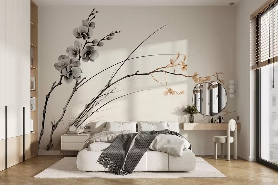 wall murals Minimalist orchid branch in soft sepia and gray tones w09250