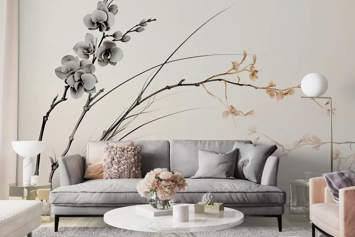 wall murals Minimalist orchid branch in soft sepia and gray tones w09250