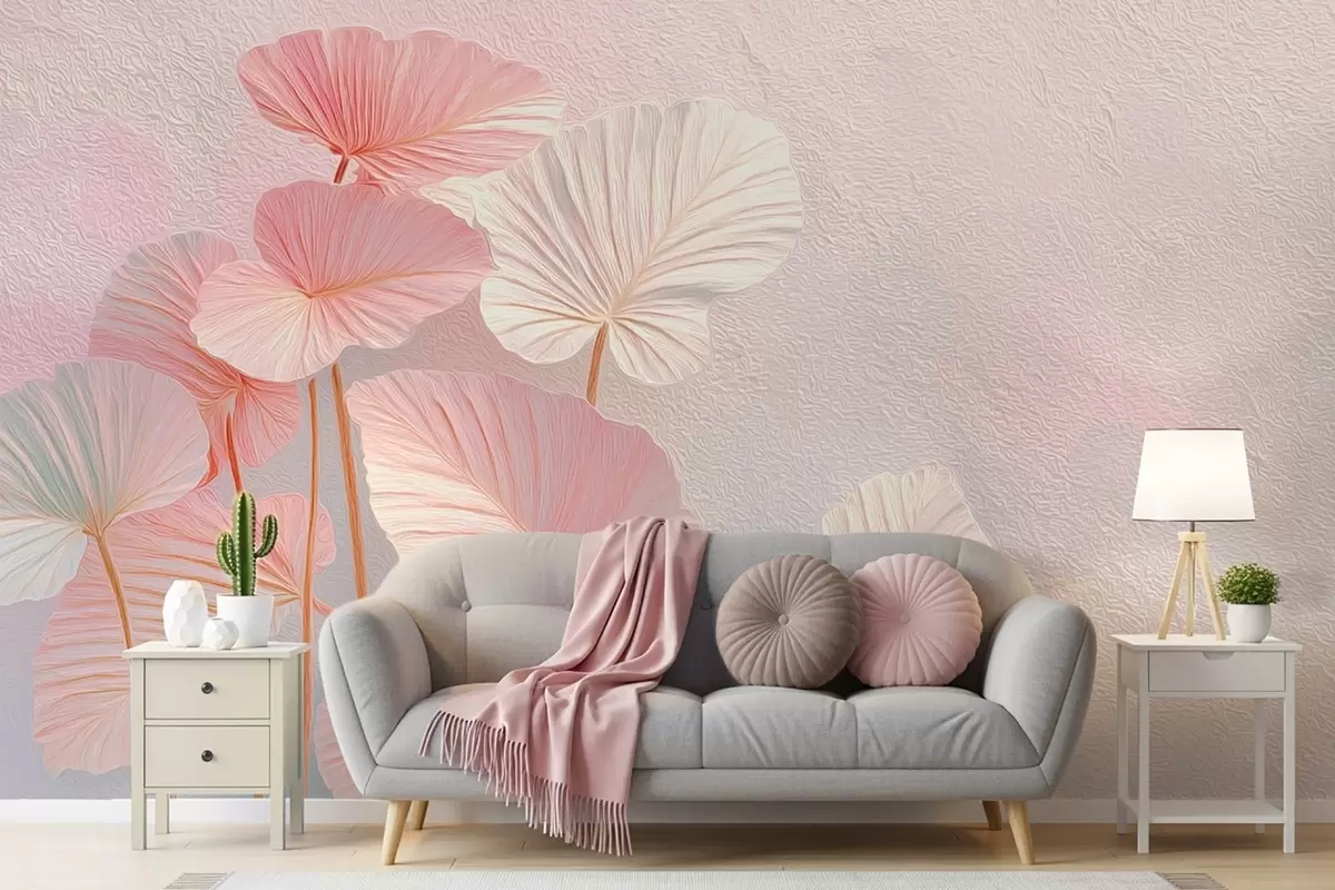 wall murals Elegant large tropical leaves in soft pink and blue hues w09252