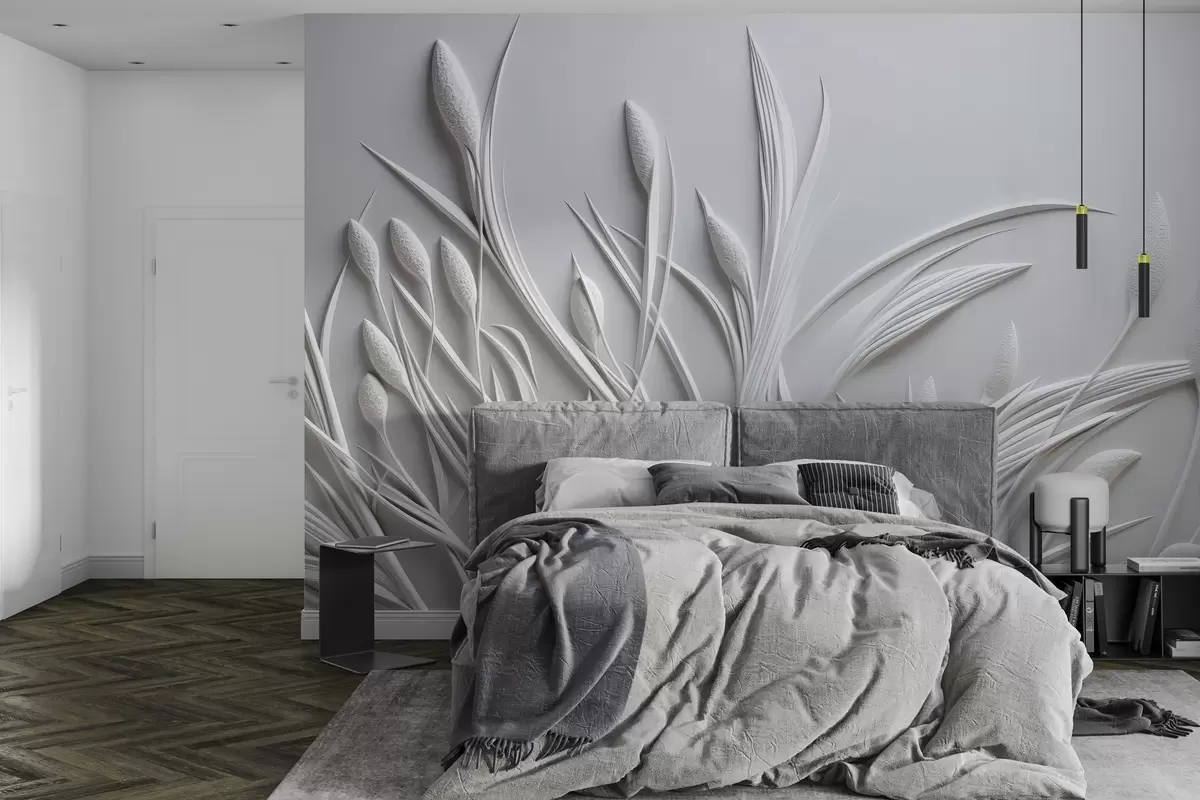 wall murals Bas-relief with delicate leaves and pampas w04247
