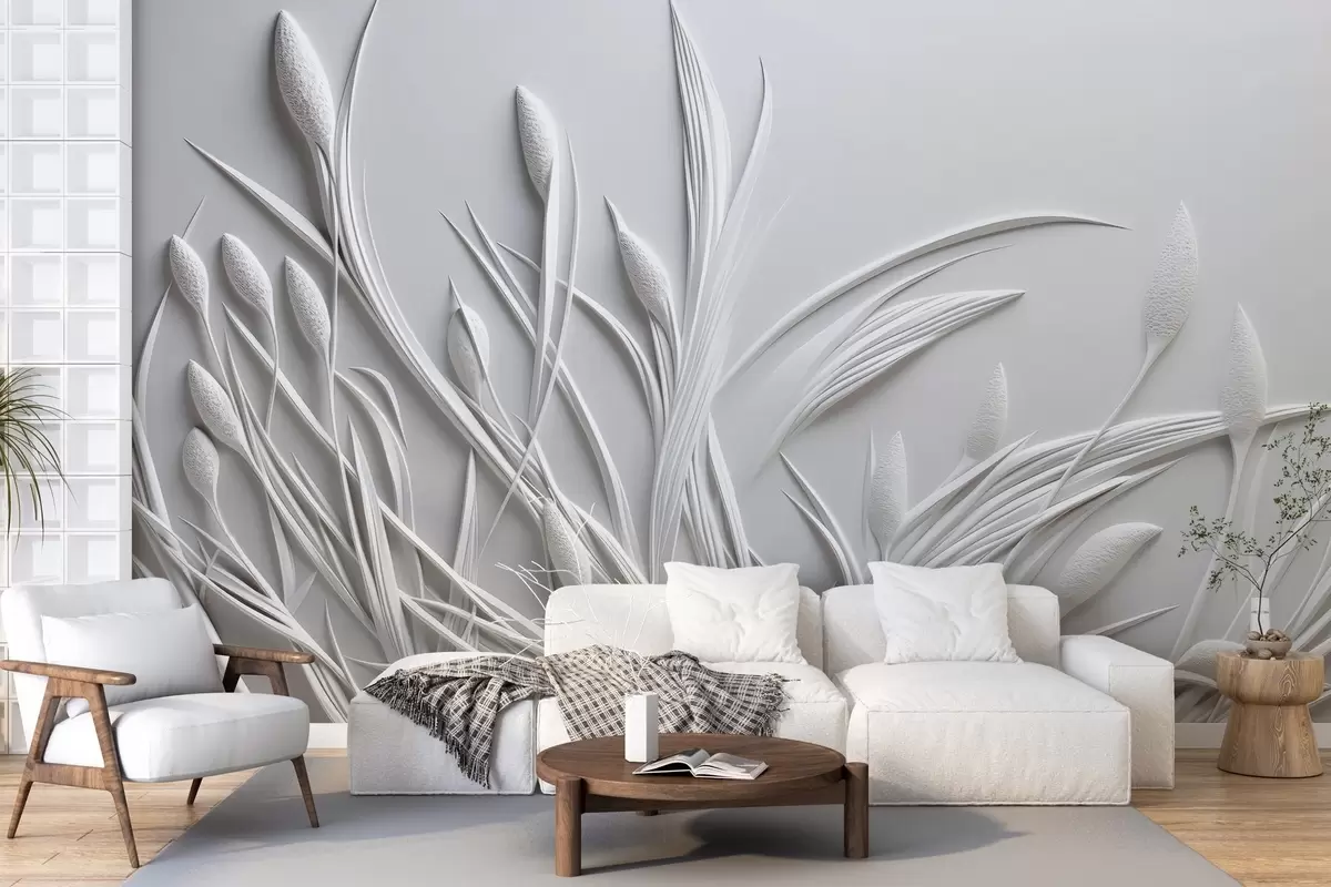 wall murals Bas-relief with delicate leaves and pampas w04247
