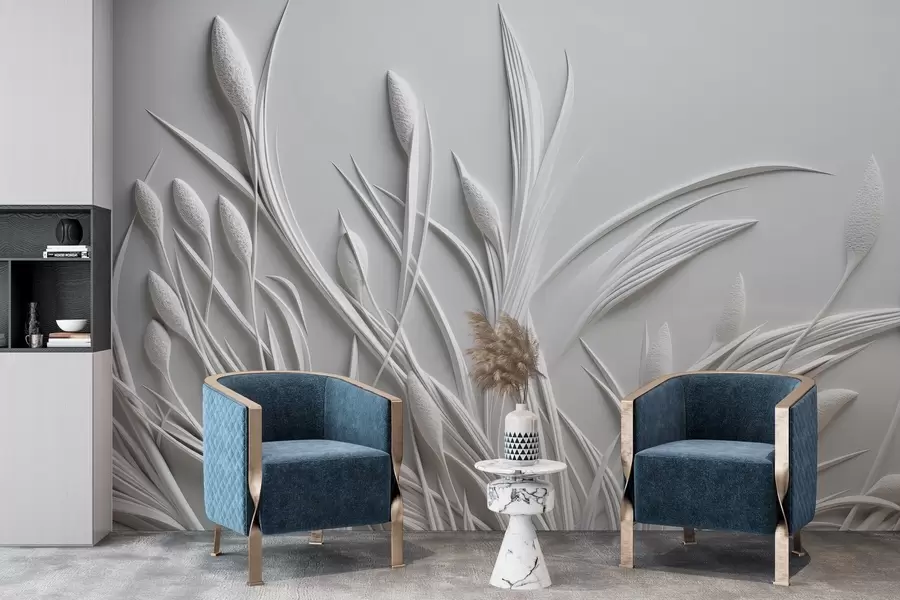 wall murals Bas-relief with delicate leaves and pampas w04247