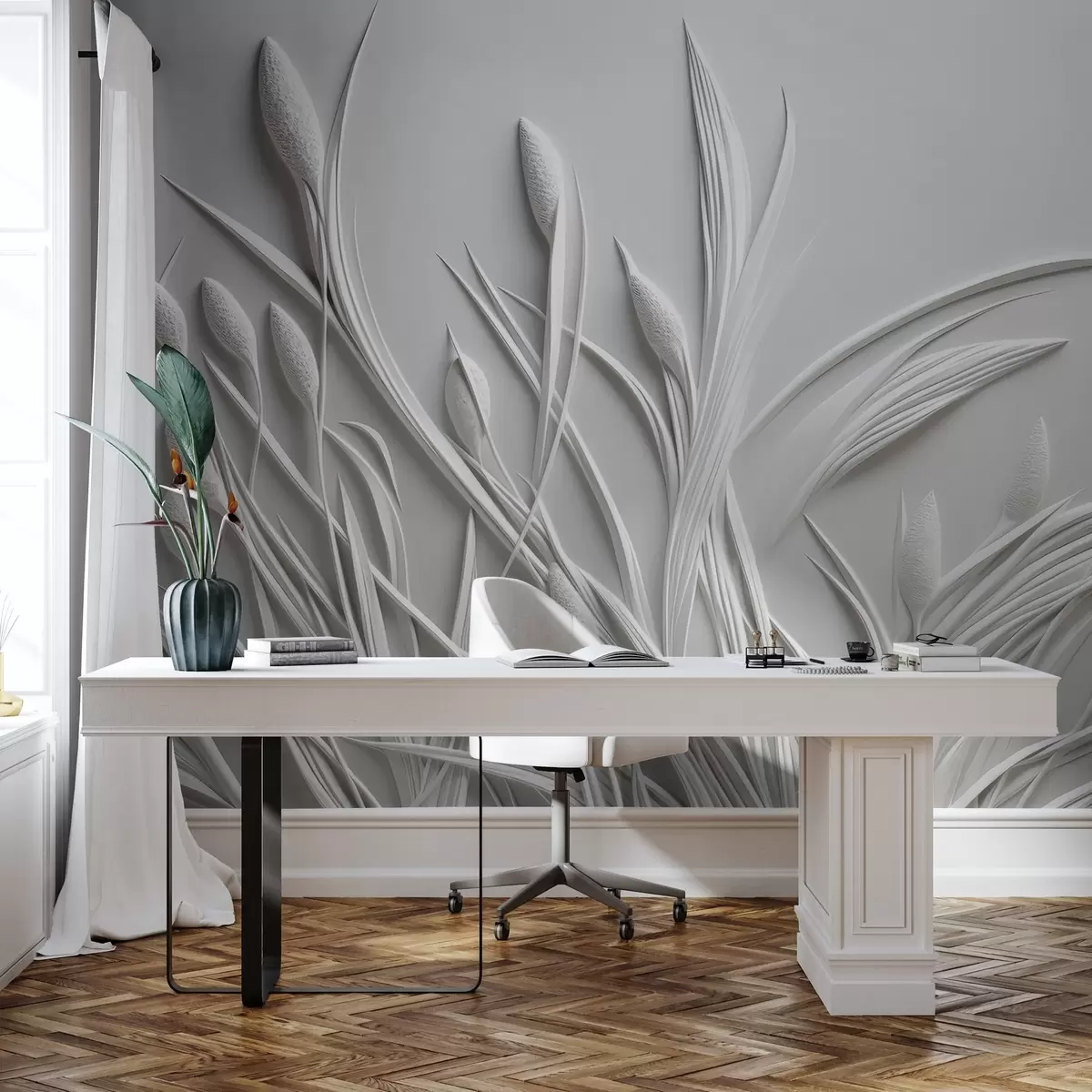 wall murals Bas-relief with delicate leaves and pampas w04247