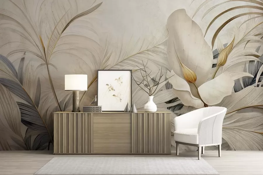 wall murals Tropical plants on a concrete wall w04249