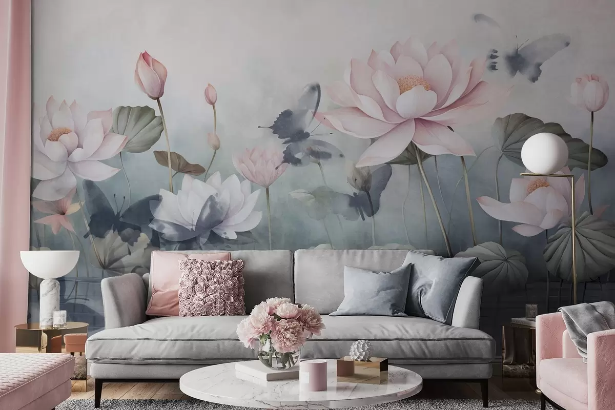 wall murals Lotus textured flowers with pink pastel petals, green leaves, water reflection, soft pastel colors , watercolor effect w09254
