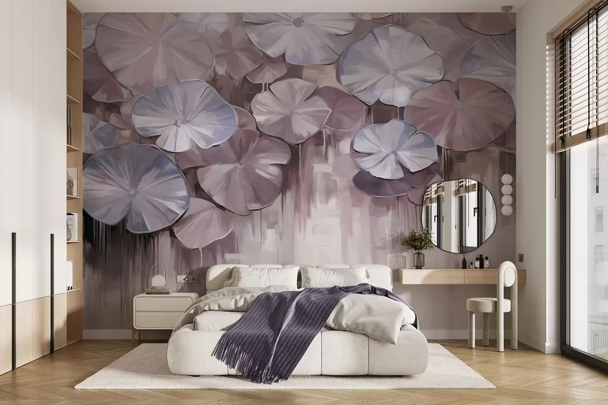 wall murals Textured lily pads with violet and blue colors in a pond, the background is a blurry mix of soft shades of purple w09255v1