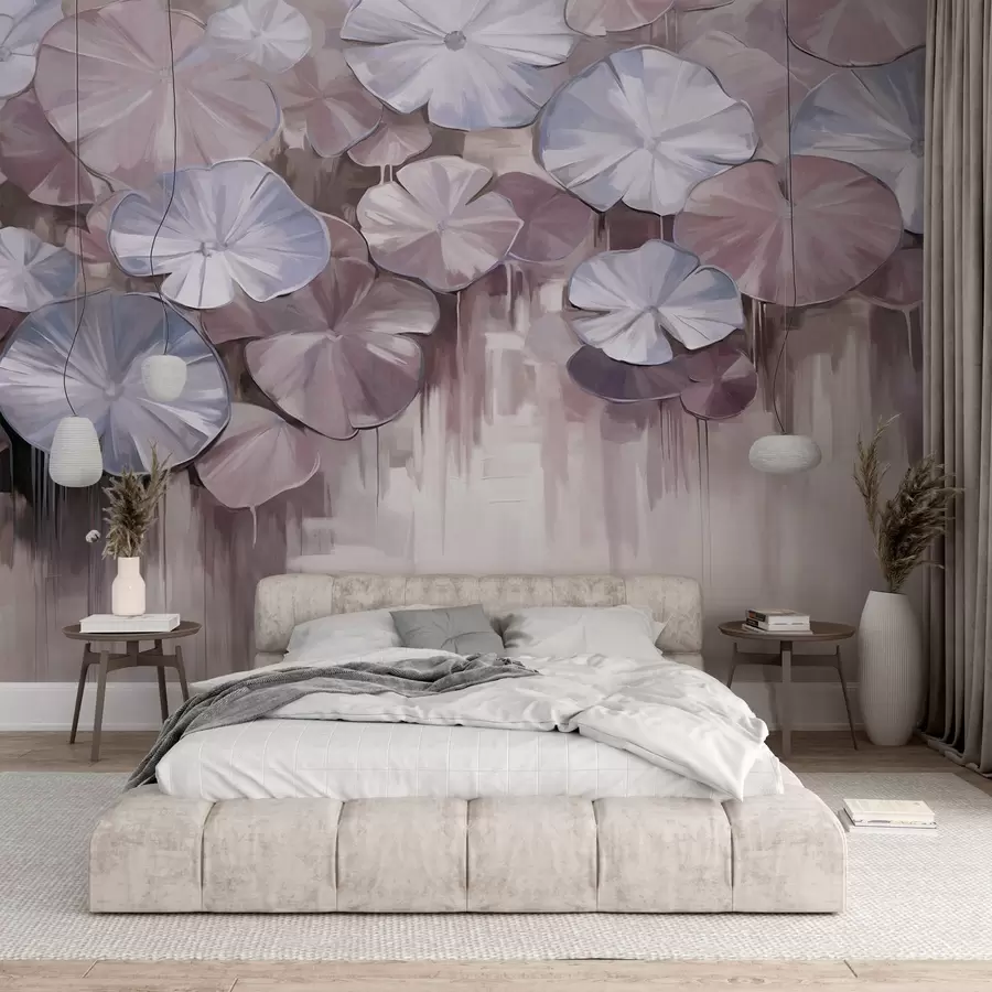 wall murals Textured lily pads with violet and blue colors in a pond, the background is a blurry mix of soft shades of purple w09255v1