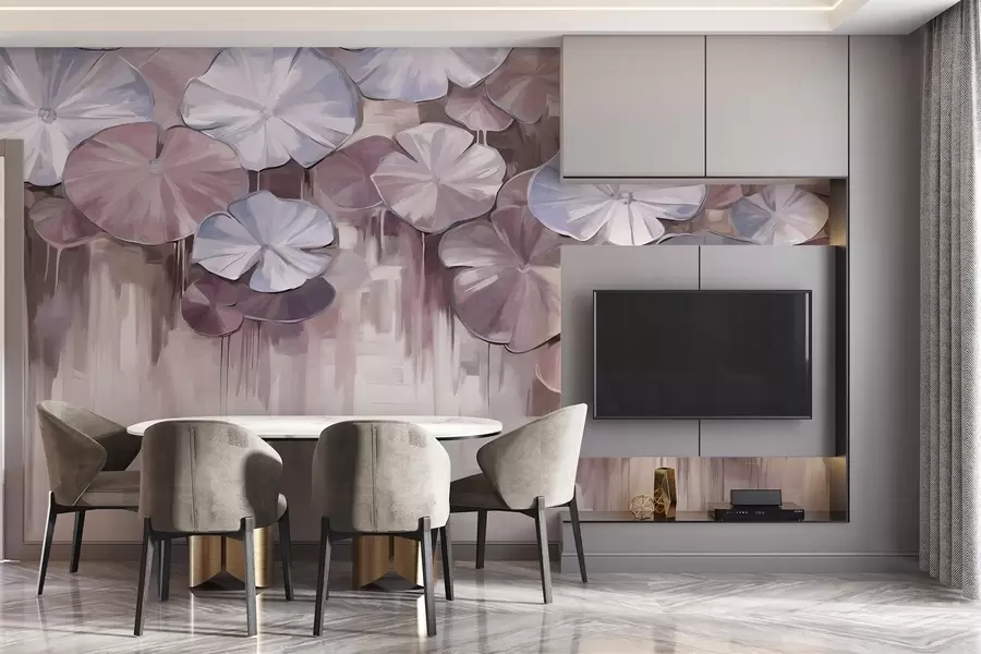 wall murals Textured lily pads with violet and blue colors in a pond, the background is a blurry mix of soft shades of purple w09255v1