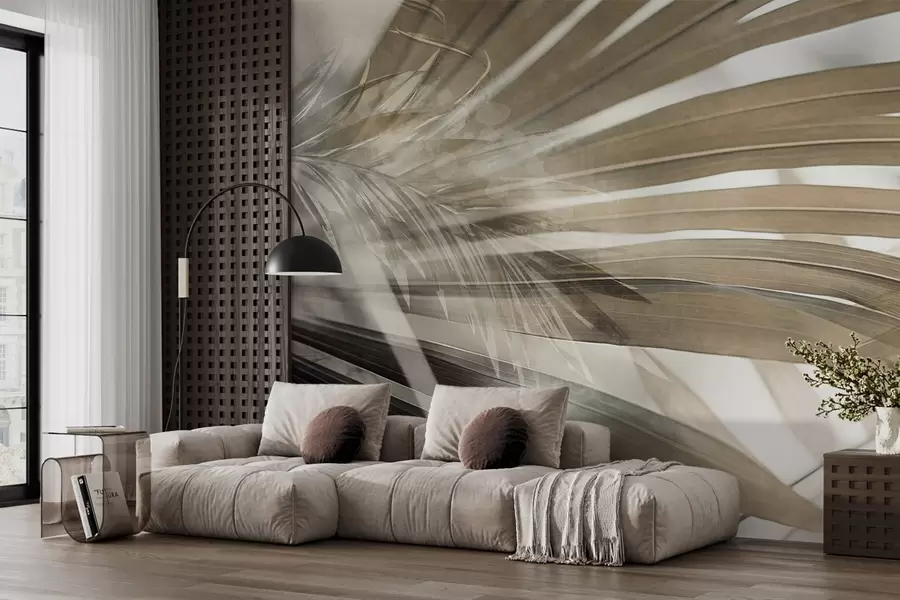 wall murals Palm leaves with a light brown hue, overlapping and creating a layered effect, against a soft, neutral background w09256