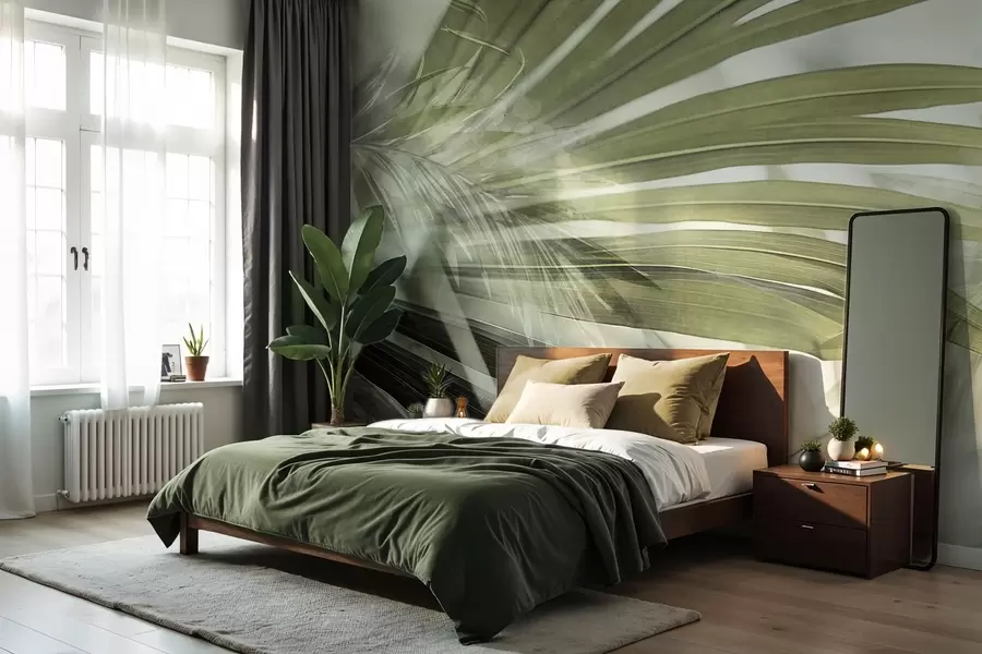 wall murals Palm leaves with a light green hue, overlapping and creating a layered effect, against a soft, neutral background w09256v1