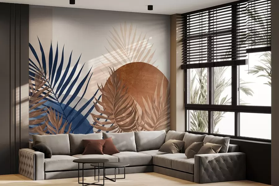 wall murals Abstract textured composition featuring tropical leaves in shades of blue and earthy tones, with a large circular shape w09257