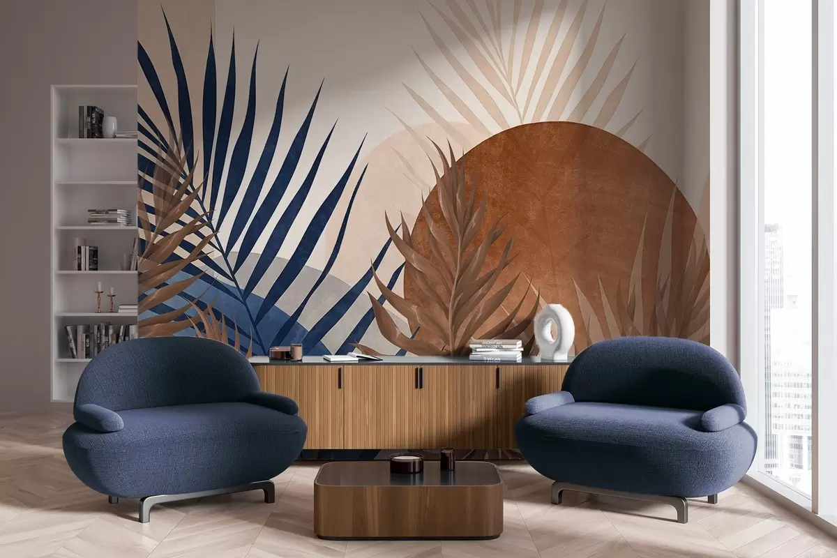 wall murals Abstract textured composition featuring tropical leaves in shades of blue and earthy tones, with a large circular shape w09257