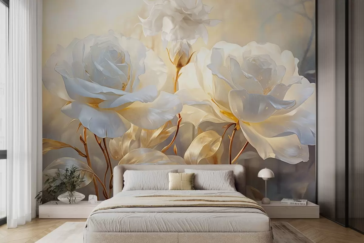 wall murals White textured roses with yellow stems and leaves, soft lighting, light background with blurred floral shapes w09258
