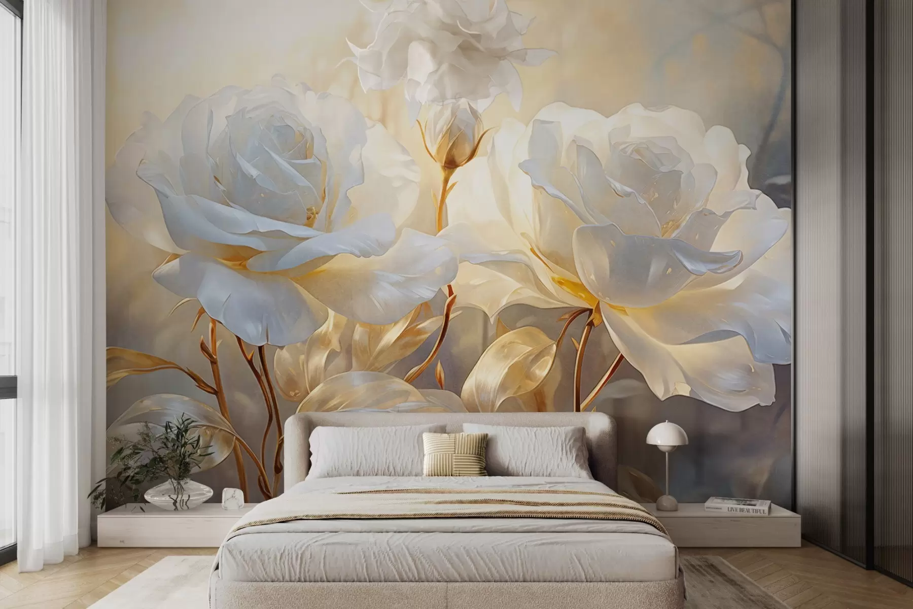 wall murals White textured roses with yellow stems and leaves, soft lighting, light background with blurred floral shapes w09258