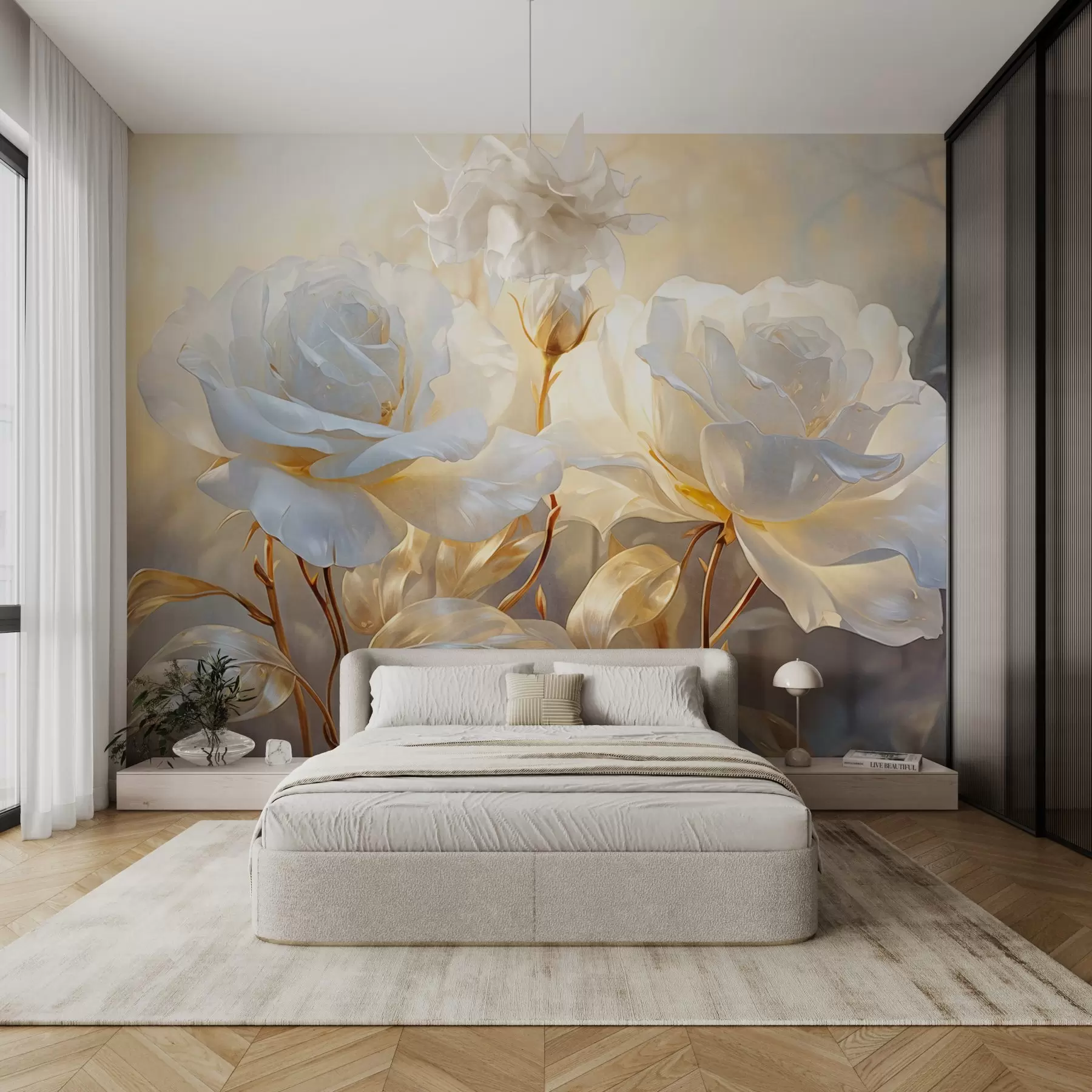 wall murals White textured roses with yellow stems and leaves, soft lighting, light background with blurred floral shapes w09258