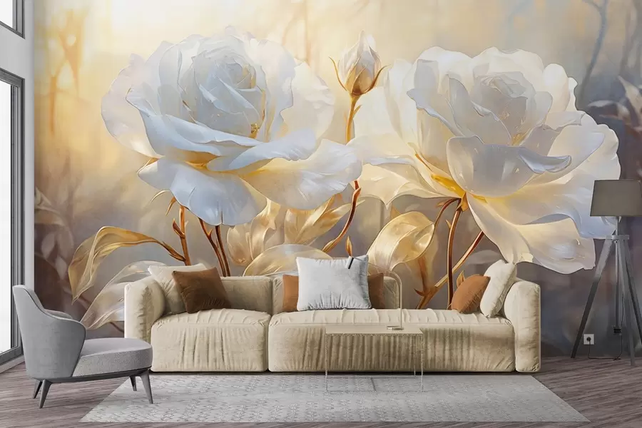 wall murals White textured roses with yellow stems and leaves, soft lighting, light background with blurred floral shapes w09258