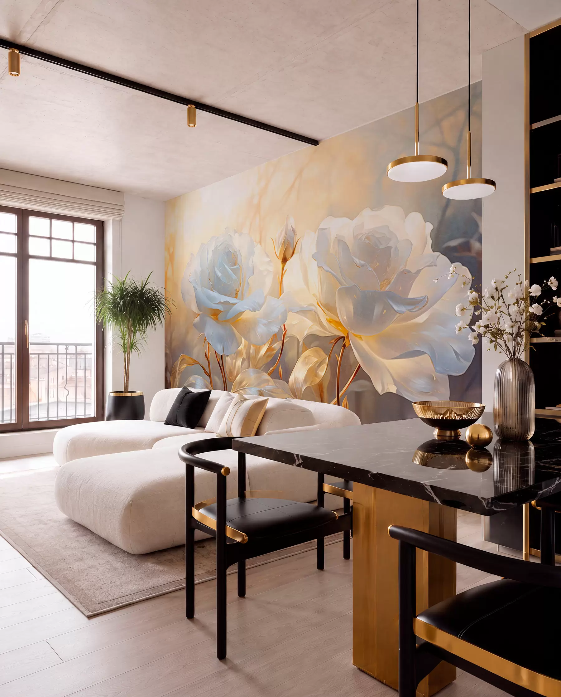wall murals White textured roses with yellow stems and leaves, soft lighting, light background with blurred floral shapes w09258