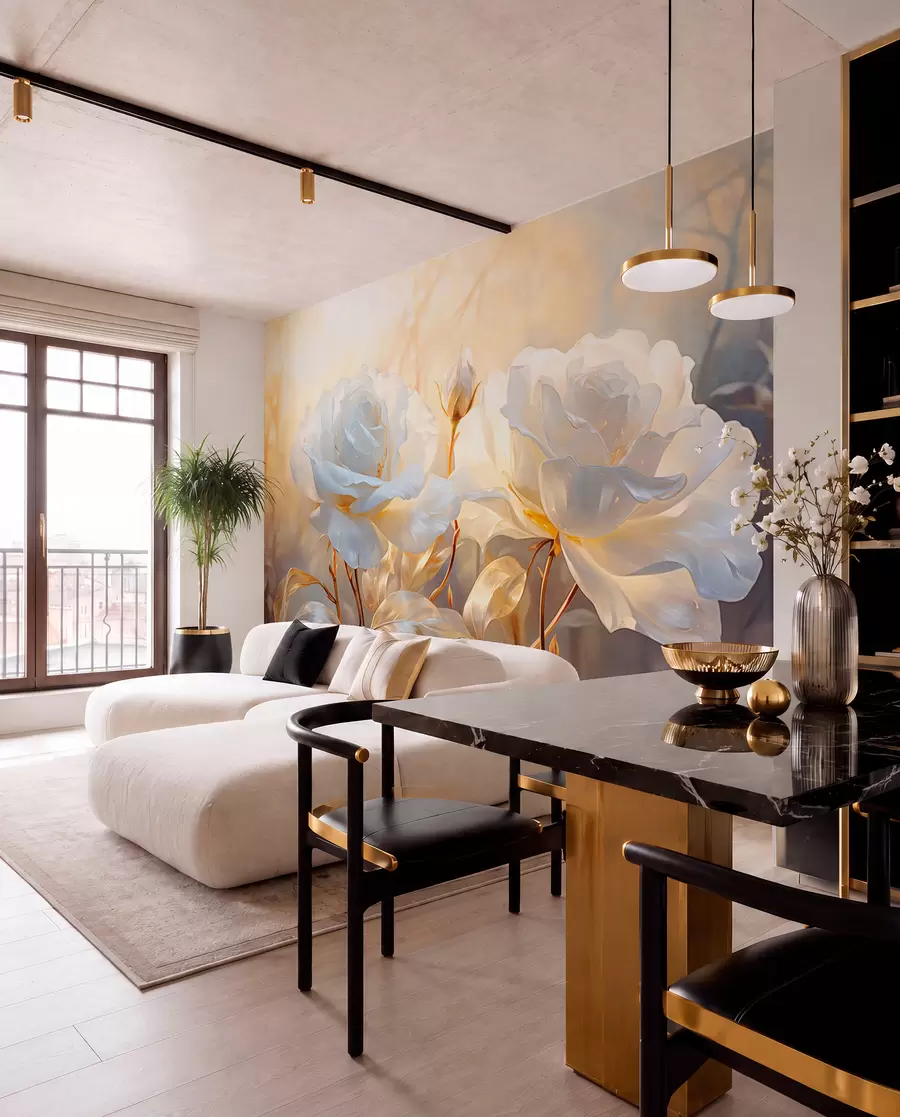 wall murals White textured roses with yellow stems and leaves, soft lighting, light background with blurred floral shapes w09258