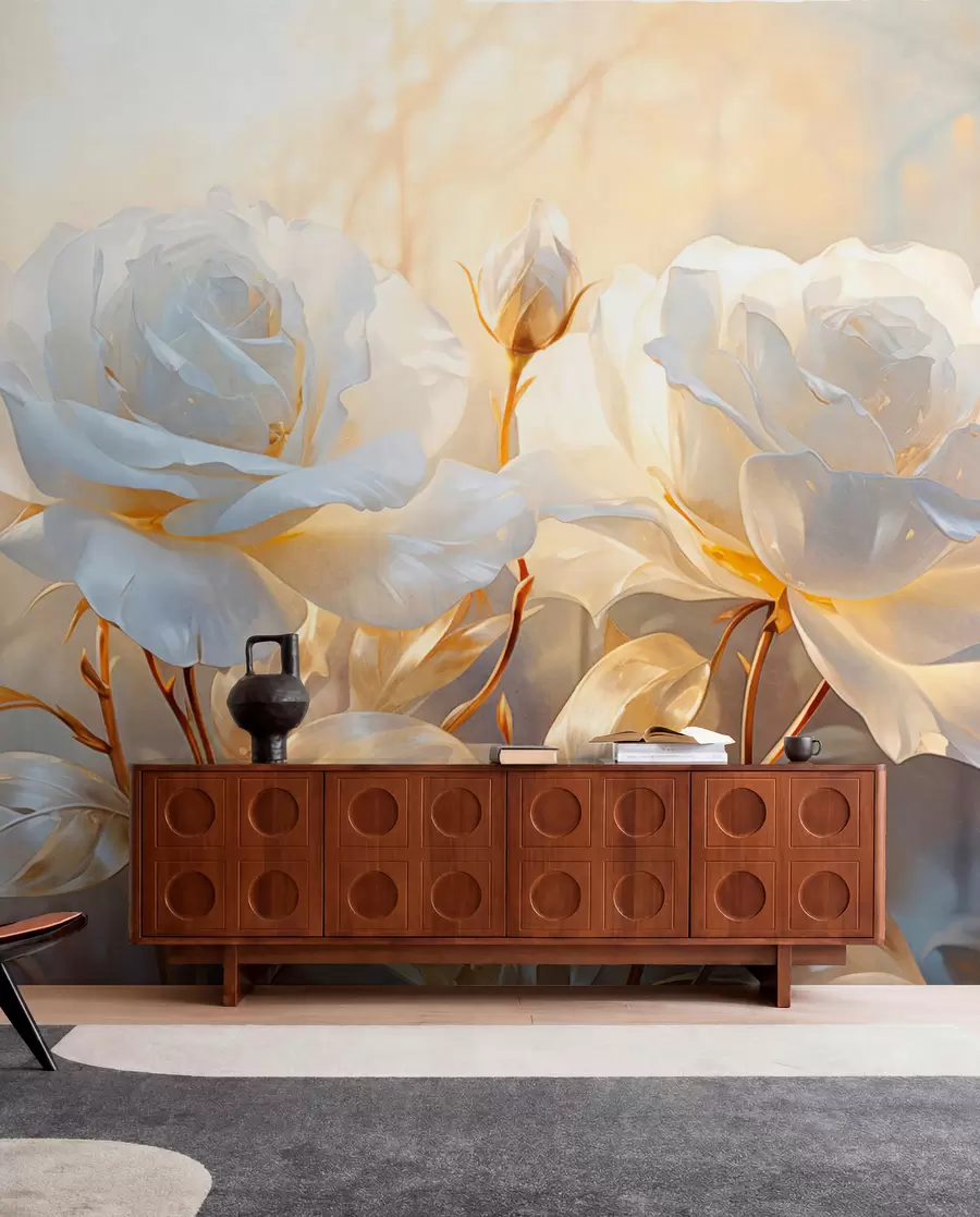 wall murals White textured roses with yellow stems and leaves, soft lighting, light background with blurred floral shapes w09258