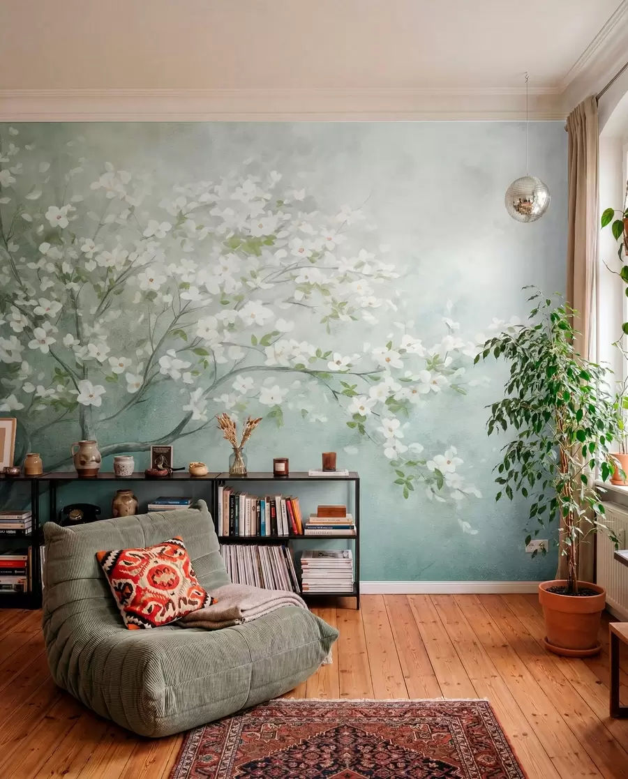 wall murals A blooming tree with white flowers in full bloom, against a grainy noisy textured background of muted blue and green w09261