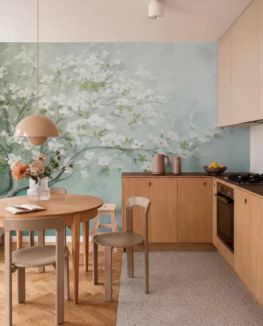 wall murals A blooming tree with white flowers in full bloom, against a grainy noisy textured background of muted blue and green w09261