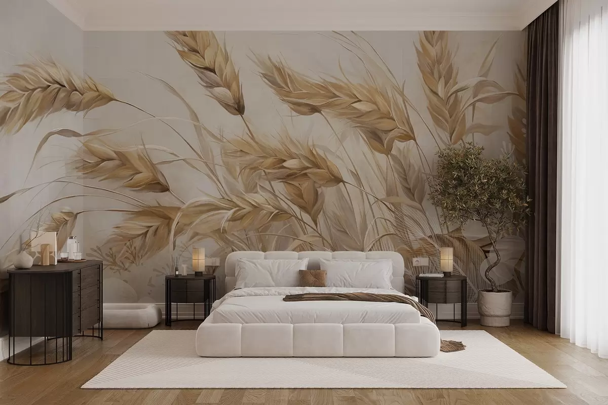 wall murals Wheat textured field with beige ears of grain swaying in the wind, soft and muted colors, creating a sense of warmth w09264