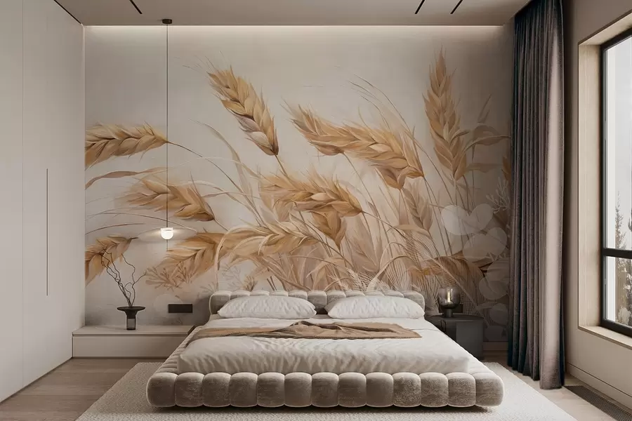 wall murals Wheat textured field with beige ears of grain swaying in the wind, soft and muted colors, creating a sense of warmth w09264