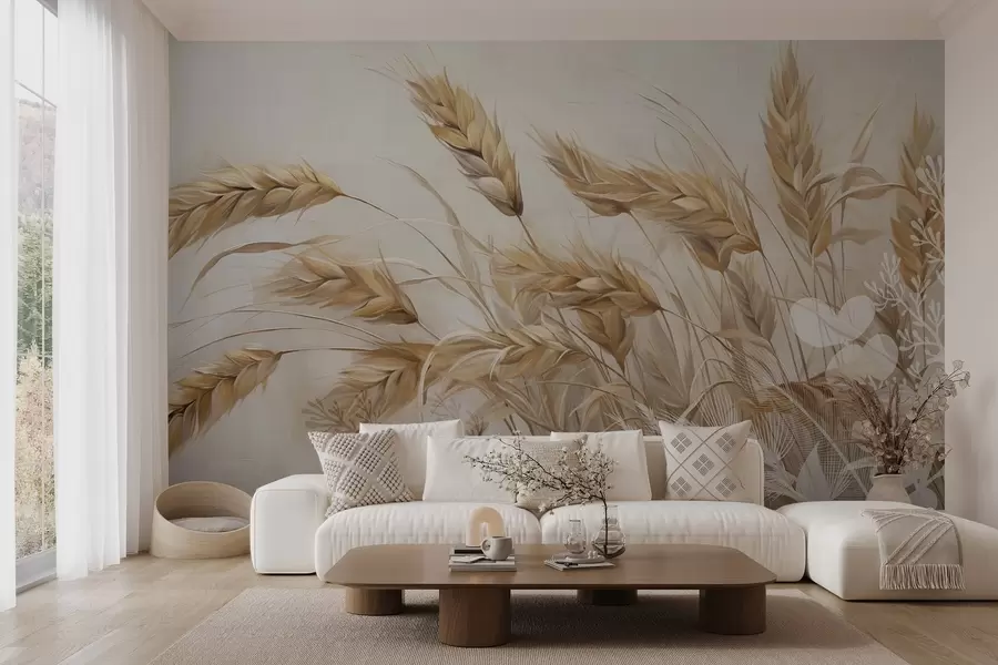wall murals Wheat textured field with beige ears of grain swaying in the wind, soft and muted colors, creating a sense of warmth w09264