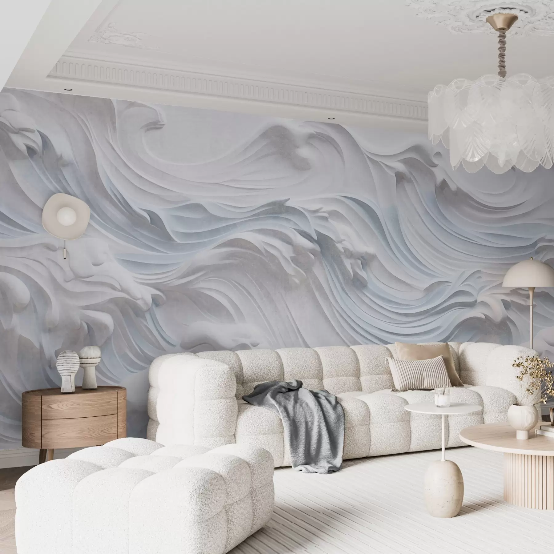 wall murals White and light blue textured abstract ocean waves with foam, flowing from left to right, dynamic and textured print w09266