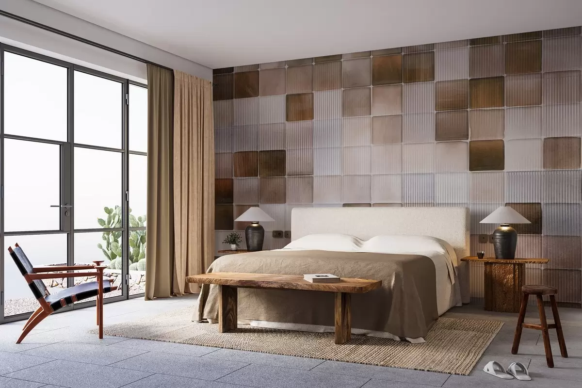 wall murals Square mosaic stone tiles in shades of brown, beige and white with an abstract fluted grainy noisy texture w09269