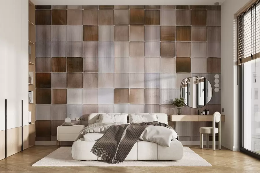 wall murals Square mosaic stone tiles in shades of brown, beige and white with an abstract fluted grainy noisy texture w09269