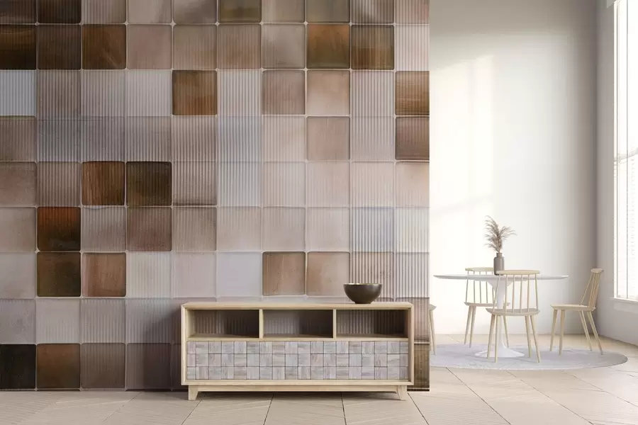 wall murals Square mosaic stone tiles in shades of brown, beige and white with an abstract fluted grainy noisy texture w09269