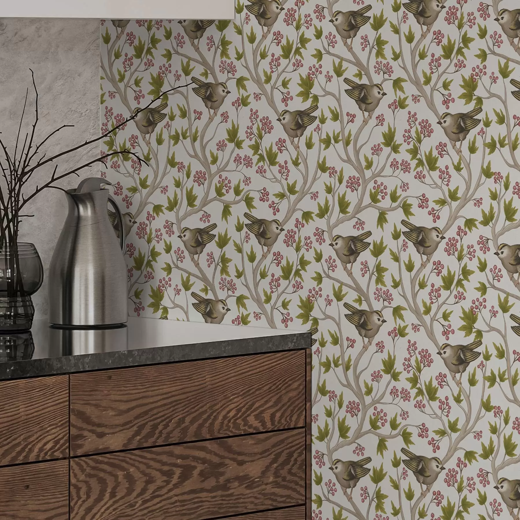 wall murals Birds on branches with leaves and berries on a white background a00283