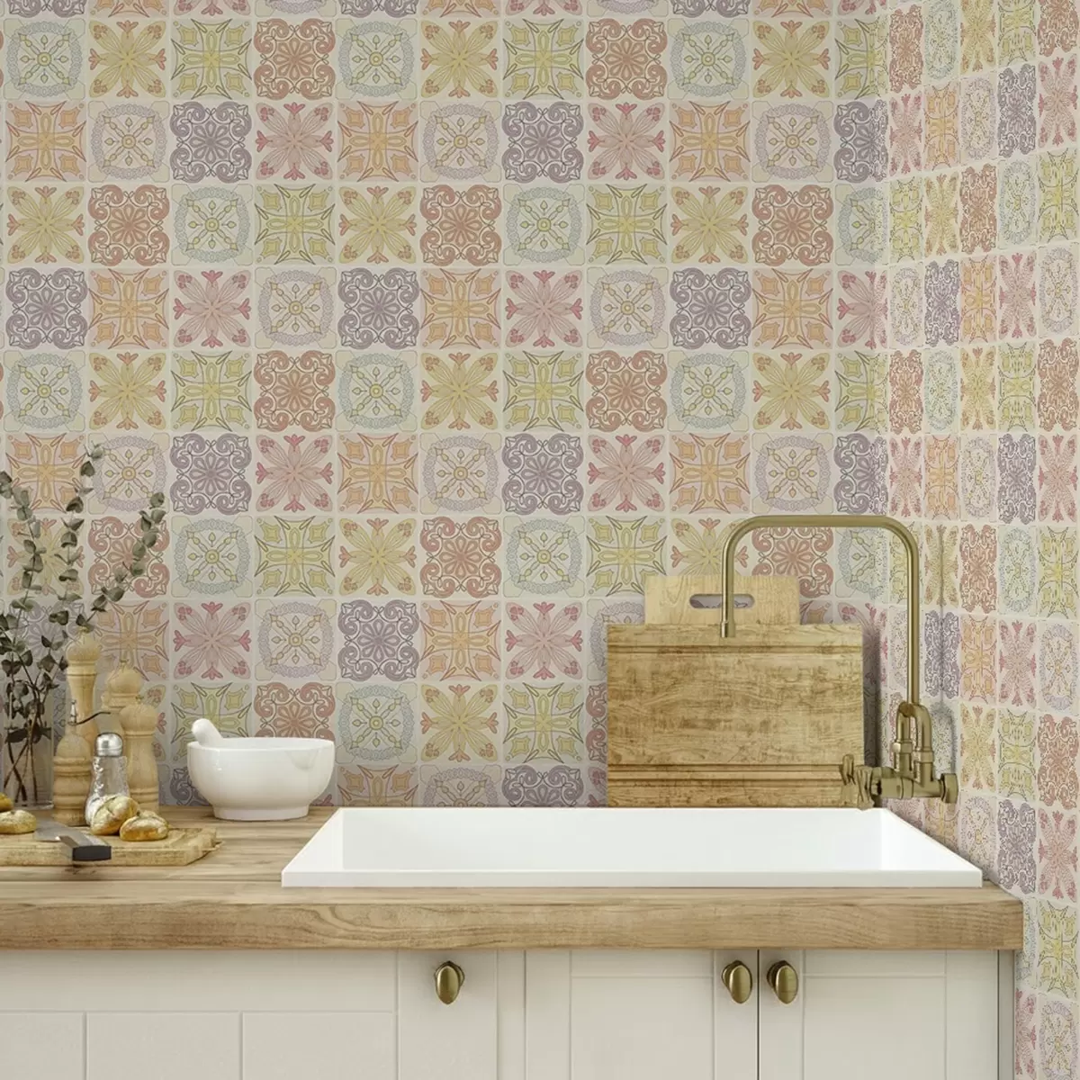 Wallpaper Colored geometric tile ornaments a00284