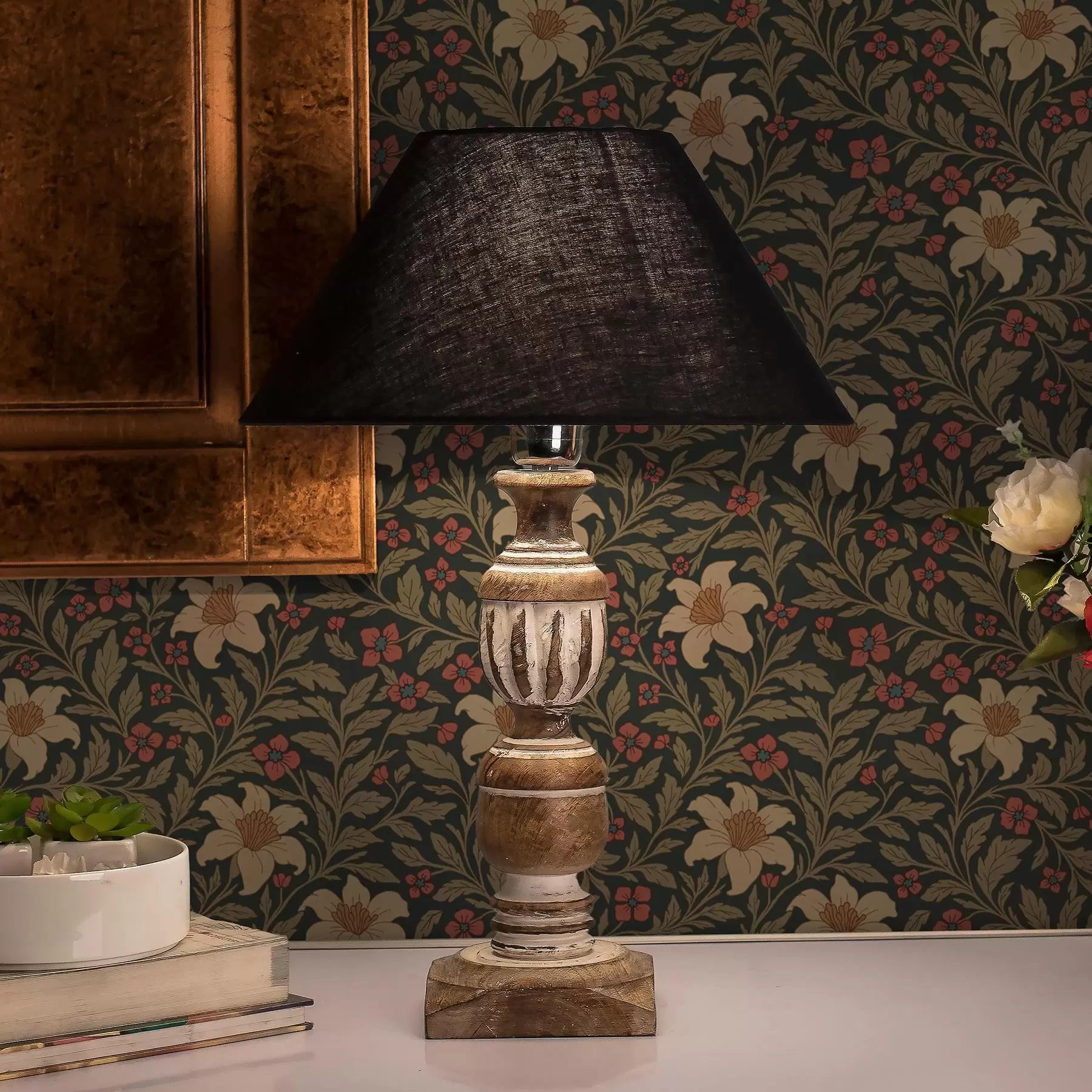 wall murals Dark background with yellow and red flowers in Art Nouveau style a00293