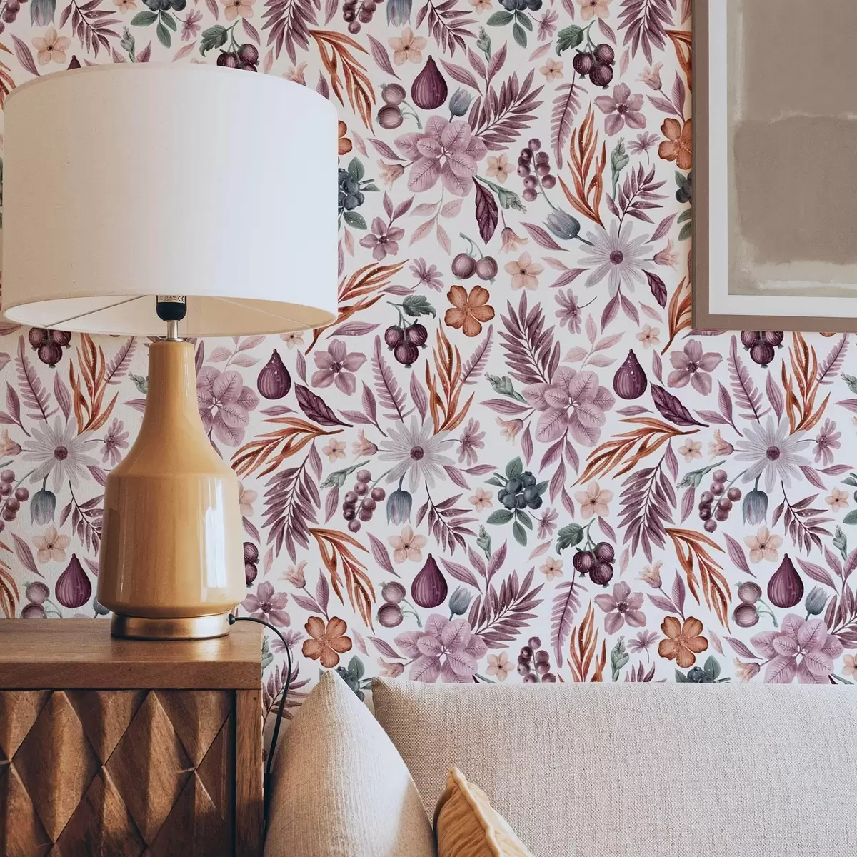 Wallpaper Bright berries, flowers and leaves in watercolor style a00298