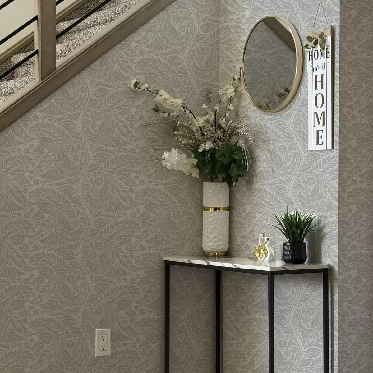 Wallpaper Gray folklore stylization with leaves and flowers a00301