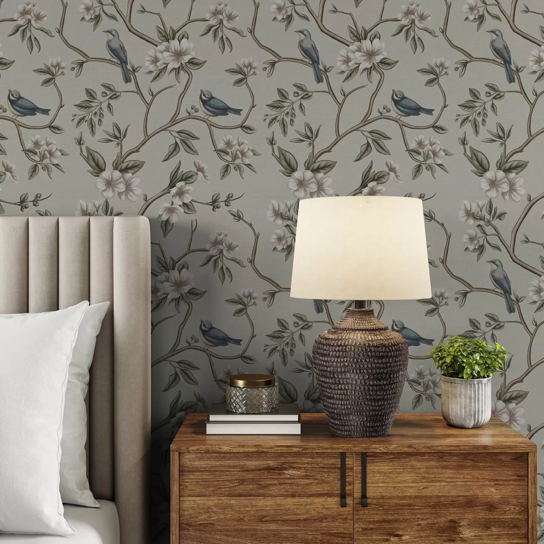 wall murals Branches with birds and white flowers on a delicate background a00303