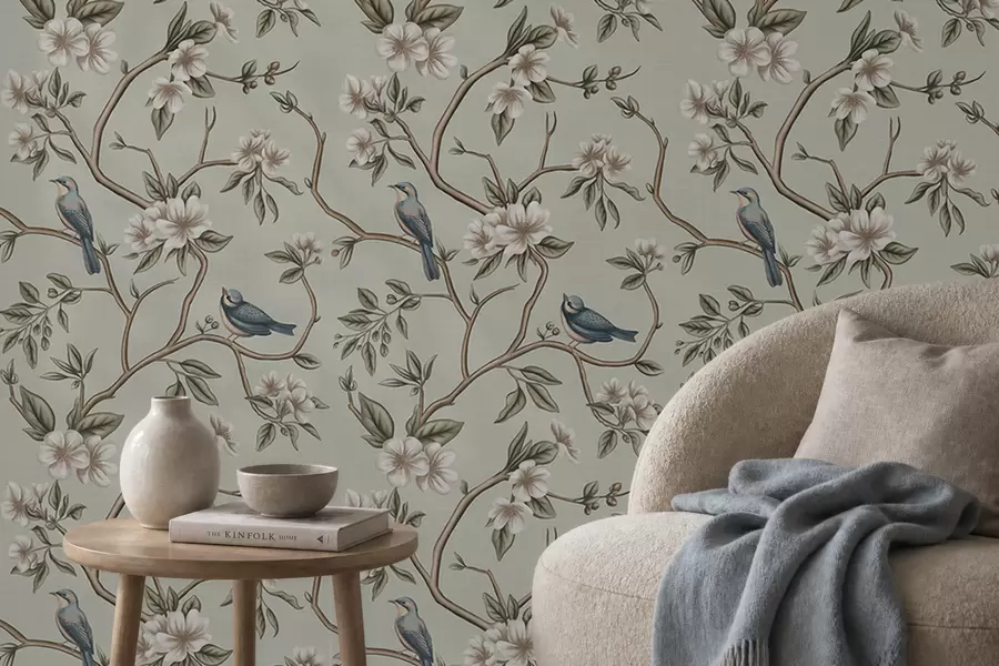 wall murals Branches with birds and white flowers on a delicate background a00303